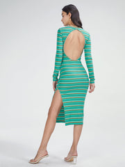 Striped Long Sleeve Bodycon Slit Dress