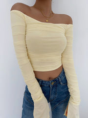 Semi-Sheer Off-Shoulder Mesh Crop Shirt