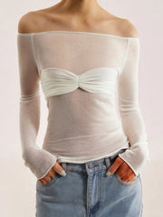 Semi-Sheer Off-Shoulder Mesh Long Sleeve Shirt
