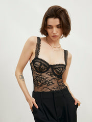 Semi-Sheer Floral Lace Bustier Bodysuit