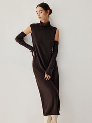 Mock Neck Long Sweater Dress With Gloves