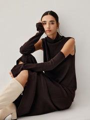 Mock Neck Long Sweater Dress With Gloves