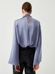 Asymmetric Pleated Turtleneck Satin Blouse