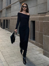 Off Shoulder Ribbed Long Sleeve Knit Long Dress