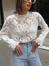 Semi-Sheer Lace Embroidery Floral Mock Neck T-Shirt