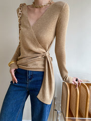Wrap V-neck Long Sleeve Tie Knit Top