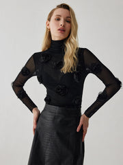 Semi-Sheer Turtleneck Three Dimensional Flower Decor Shirt