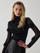 Semi-Sheer Turtleneck Three Dimensional Flower Decor Shirt