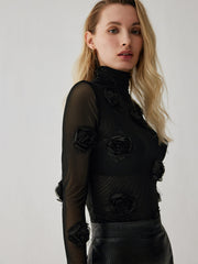 Semi-Sheer Turtleneck Three Dimensional Flower Decor Shirt