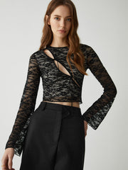 Semi-Sheer Cut-Out Lace Long Sleeve Top