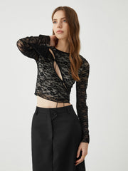 Semi-Sheer Cut-Out Lace Long Sleeve Top