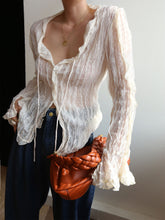Chiffon Sheer Lettuce Trim Long Sleeve Blouse