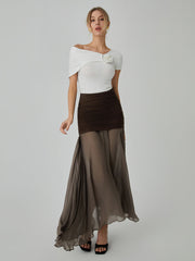 Net Chiffon Sheer Panel Maxi Skirt