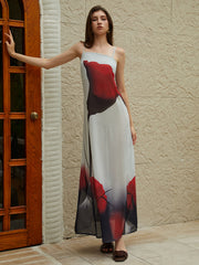 Sheer Large Floral Print Cami Long Dress