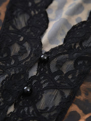 Sheer Leopard Print Long Sleeve Lace Trim Blouse