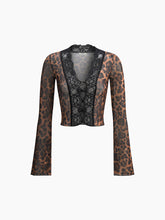 Sheer Leopard Print Long Sleeve Lace Trim Blouse