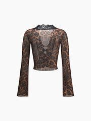 Sheer Leopard Print Long Sleeve Lace Trim Blouse