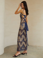 Semi-Sheer Midnight Garden Lace Up Cami Long Dress