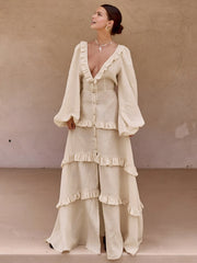Cotton & Linen Semi-Sheer Ruffle Trim Long Dress