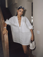 Linen Pockets Semi-Sheer Long Sleeve Dress