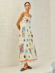 Adjustable Strap Print Dress With Pockets