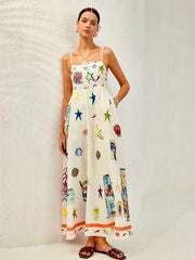 Adjustable Strap Print Dress With Pockets