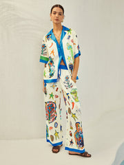 Contrast Binding Print Pants Set