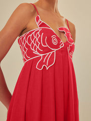 Embroidered Fish Semi-Sheer Cami Dress