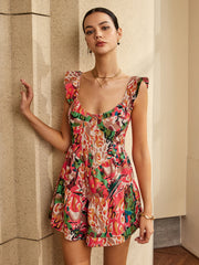 Print Low Cut Ruffle Short Jumpsuit