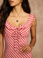 Retro Gingham V-Neck Fishtail Dress