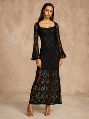Semi-Sheer Lace Bell Sleeve Lined Dress