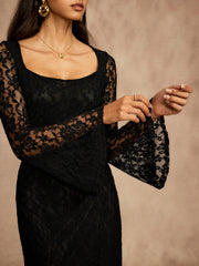 Semi-Sheer Lace Bell Sleeve Lined Dress