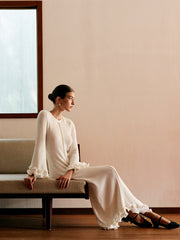 Semi-Sheer Piping Ruffle Drawstring Knit Dress