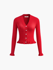 Ruffled Trim Button-Front Long Sleeve Cardigan