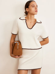 Contrast Trim V-Neck Polo Knit Top