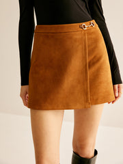 Metal-Detail Suede Effect Mini Skirt