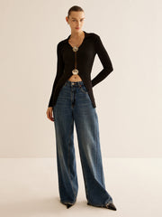 Glossy-Ring Ribbed Slim Cardigan