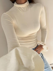 Turtleneck Ribbed Ruffle Sleeve T-Shirt