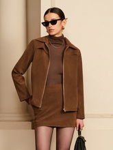 Suede Effect Zipper Jacket With Shoulder Pads