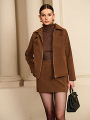 Suede Effect Zipper Jacket With Shoulder Pads