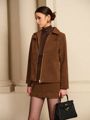 Suede Effect Zipper Jacket With Shoulder Pads