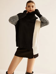 Oversized Turtleneck Color Block Knit Top