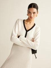 Contrast Trim Pleated Knit Skirt Set