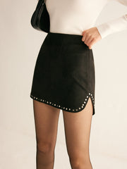 Studded Trim Suede Effect Mini Skirt