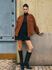 Flap-Pockets Zipper Suede Effect Jacket