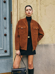 Flap-Pockets Zipper Suede Effect Jacket