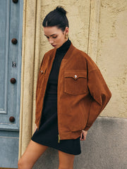 Flap-Pockets Zipper Suede Effect Jacket