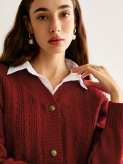 Contrast Collar Cable-Knit Short Cardigan
