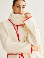 Embroidered Trim Tweed Coat With Matching Scarf