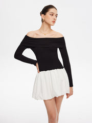 Two Tone Off Shoulder Bubble Short Dress
